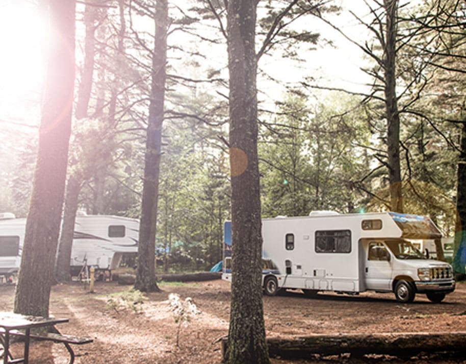 RV incamping on a wooded camping area