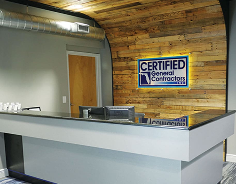 Front desk in the lobby of the Certified General Contractors office