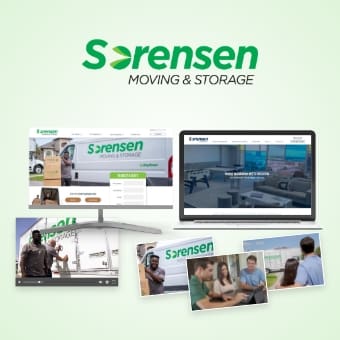 poster image for - Sorensen Moving and Storage - featuring the clients logo on a ghosted background image taken from their website