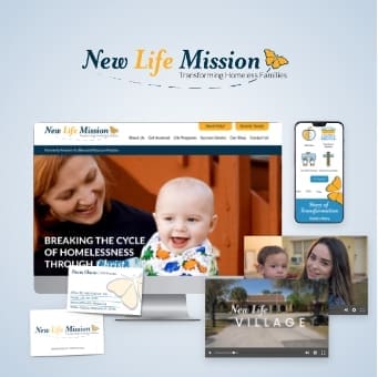 poster image for - New life Mission - featuring the clients logo on a ghosted background image taken from their website