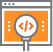 Website blog category icon of a computer screen with a magnifying glass looking at code