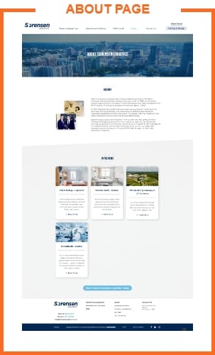 sample mock up of an about us webpage with an orange border around it and the words about page at the top