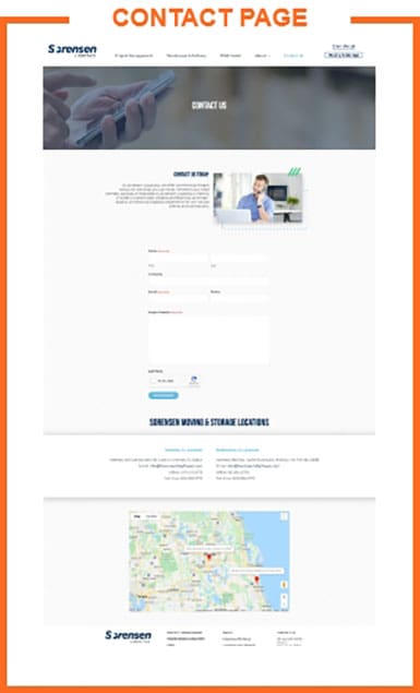 sample mock up of an contact us webpage with an orange border around it and the words contact page at the top