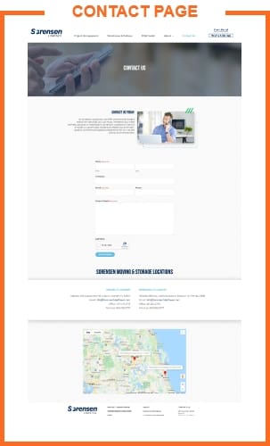 sample mock up of an contact us webpage with an orange border around it and the words contact page at the top