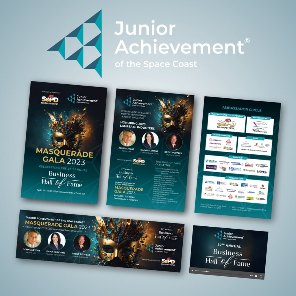 poster image for - Junior Achievement of the Space Coast featured image - featuring the clients logo on a ghosted background image taken from their website