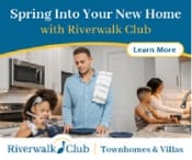 Sample social ad 2 for Riverwalk Club showing family in the kitchen with the headline that reads Spring into Your New Home with learn more button