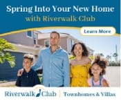 Sample social ad 2 for Riverwalk Club showing family standing in front of a townhome with the headline that reads Spring into Your New Home with learn more button